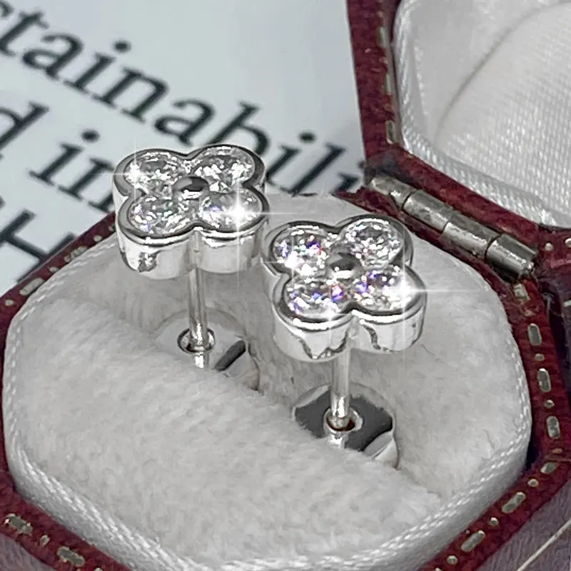 Lnngy Certified Moissanite Flower Earring With Certificate For Women Korean INS Four Leaf Flowers Stud Earrings Daily Jewelry