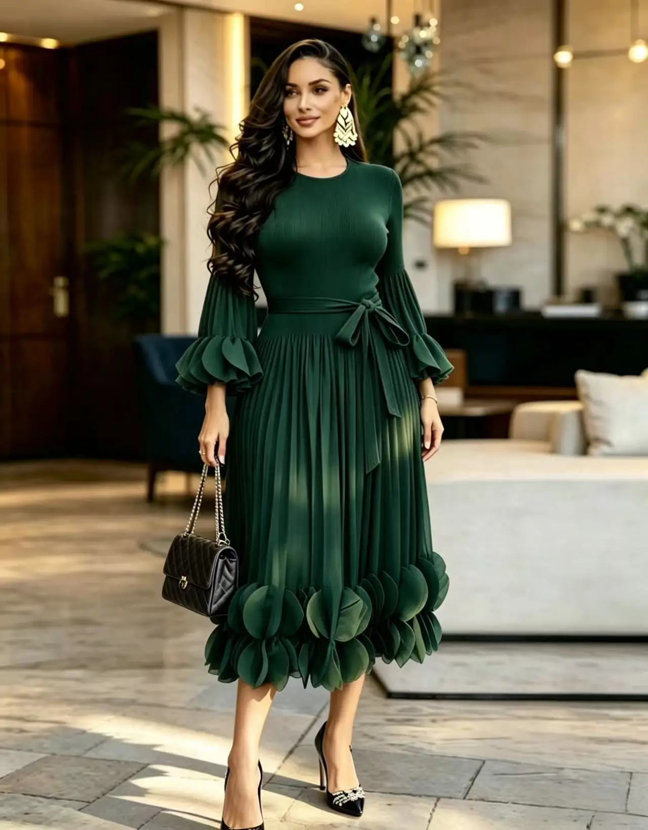 2026 Miyake Light Luxury High-end Round Neck Dress Women's Summer Pleated Ruffle Edge Design Temperament Long Dress