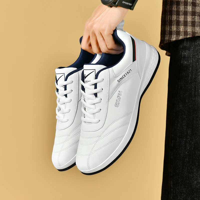 Double Star Men's White Leather Casual Sneakers Lightweight Breathable Non-slip Walking Sport Shoes