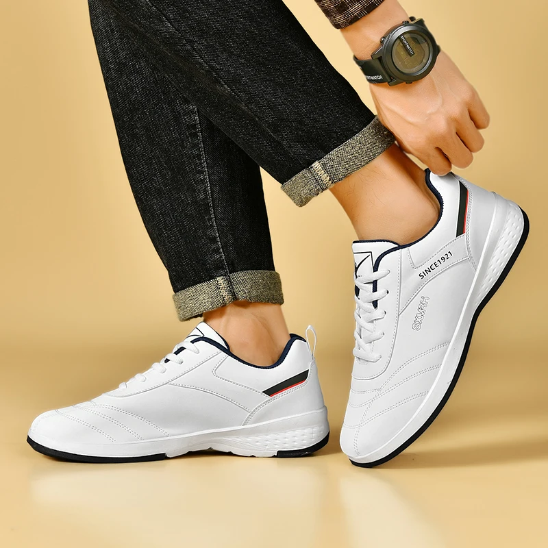 Double Star Men's White Leather Casual Sneakers Lightweight Breathable Non-slip Walking Sport Shoes