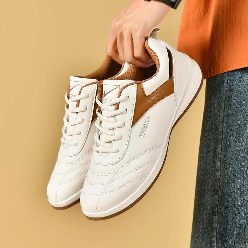 Double Star Men's White Leather Casual Sneakers Lightweight Breathable Non-slip Walking Sport Shoes