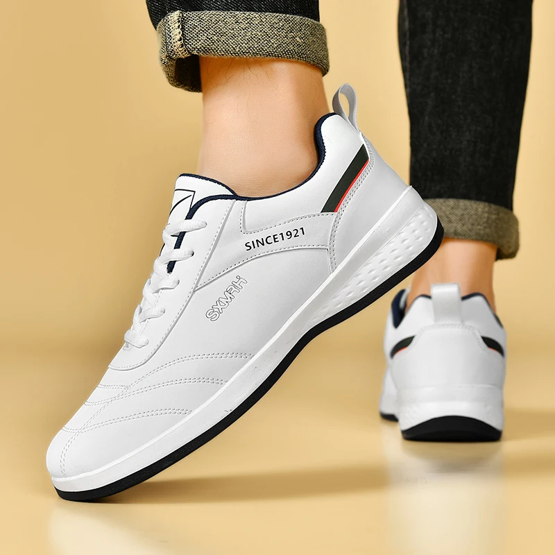 Double Star Men's White Leather Casual Sneakers Lightweight Breathable Non-slip Walking Sport Shoes