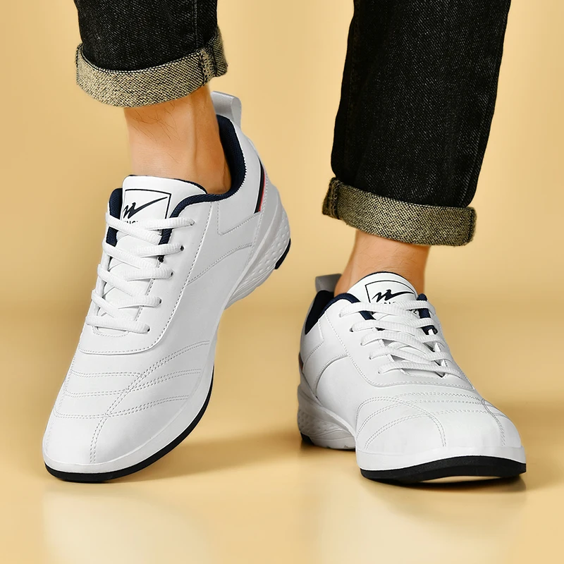 Double Star Men's White Leather Casual Sneakers Lightweight Breathable Non-slip Walking Sport Shoes