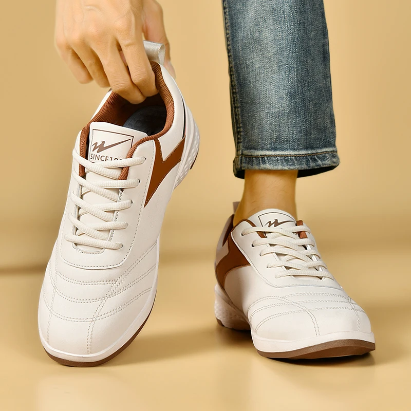 Double Star Men's White Leather Casual Sneakers Lightweight Breathable Non-slip Walking Sport Shoes