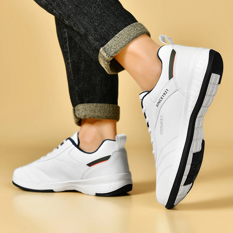 Double Star Men's White Leather Casual Sneakers Lightweight Breathable Non-slip Walking Sport Shoes