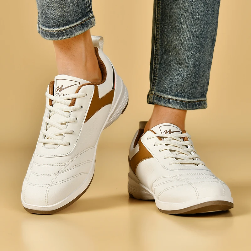 Double Star Men's White Leather Casual Sneakers Lightweight Breathable Non-slip Walking Sport Shoes
