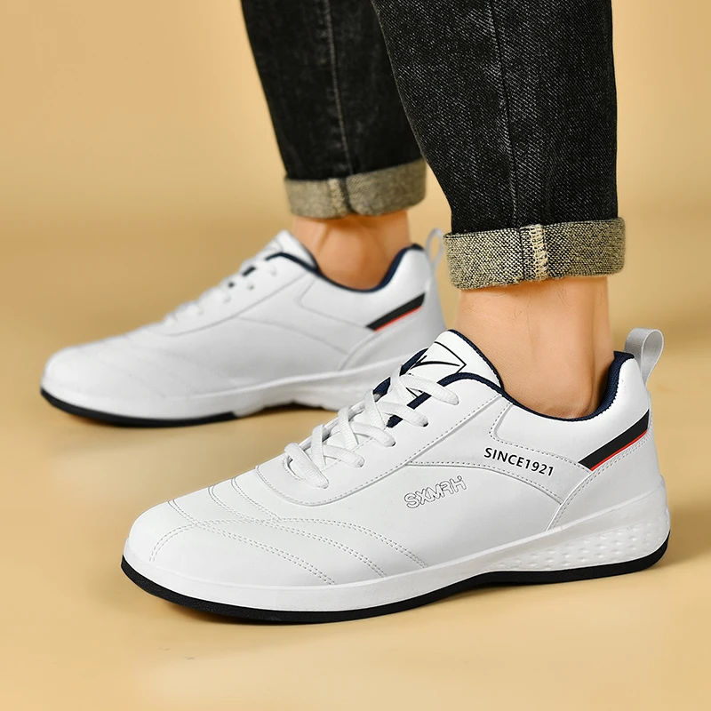 Double Star Men's White Leather Casual Sneakers Lightweight Breathable Non-slip Walking Sport Shoes