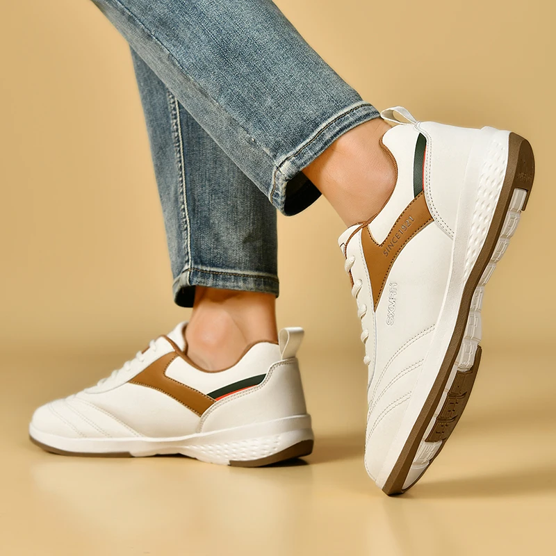 Double Star Men's White Leather Casual Sneakers Lightweight Breathable Non-slip Walking Sport Shoes