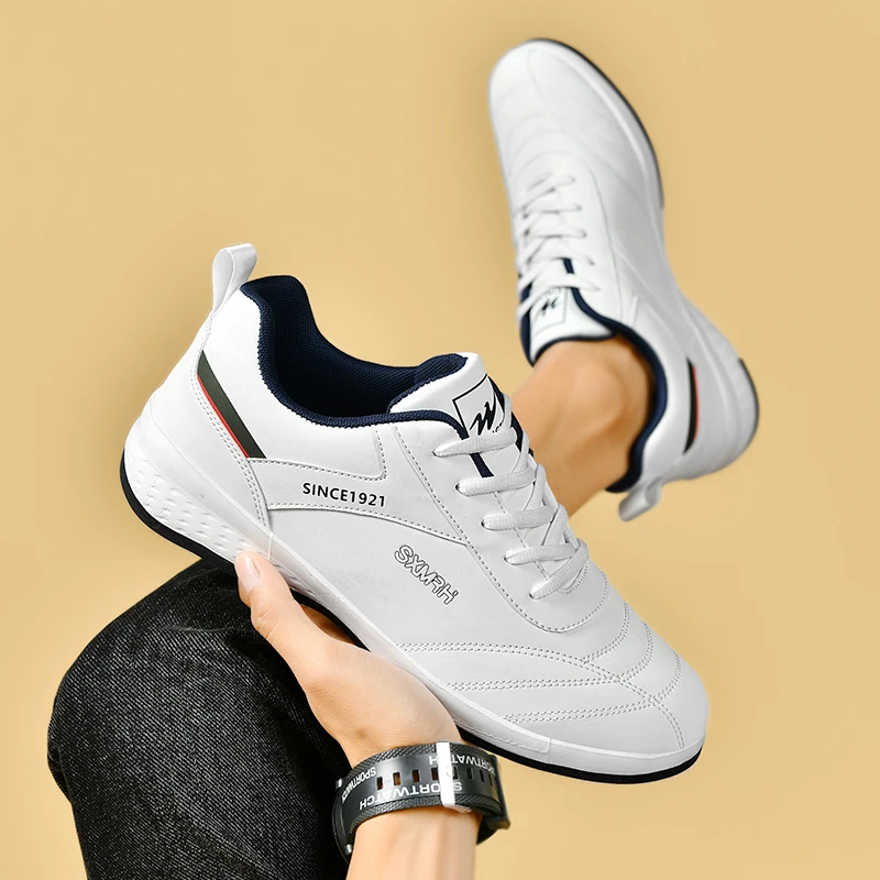 Double Star Men's White Leather Casual Sneakers Lightweight Breathable Non-slip Walking Sport Shoes