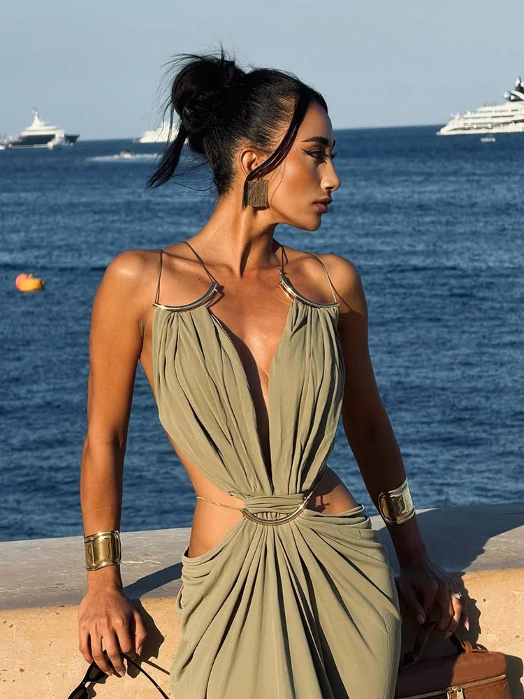 Elegant Deep V Spaghetti Strap Maxi Dress Women Metal Ring Cut Out Waist Ruched Backless Buckle Dinner Gown Party Holiday Outfit