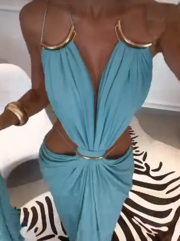 Elegant Deep V Spaghetti Strap Maxi Dress Women Metal Ring Cut Out Waist Ruched Backless Buckle Dinner Gown Party Holiday Outfit