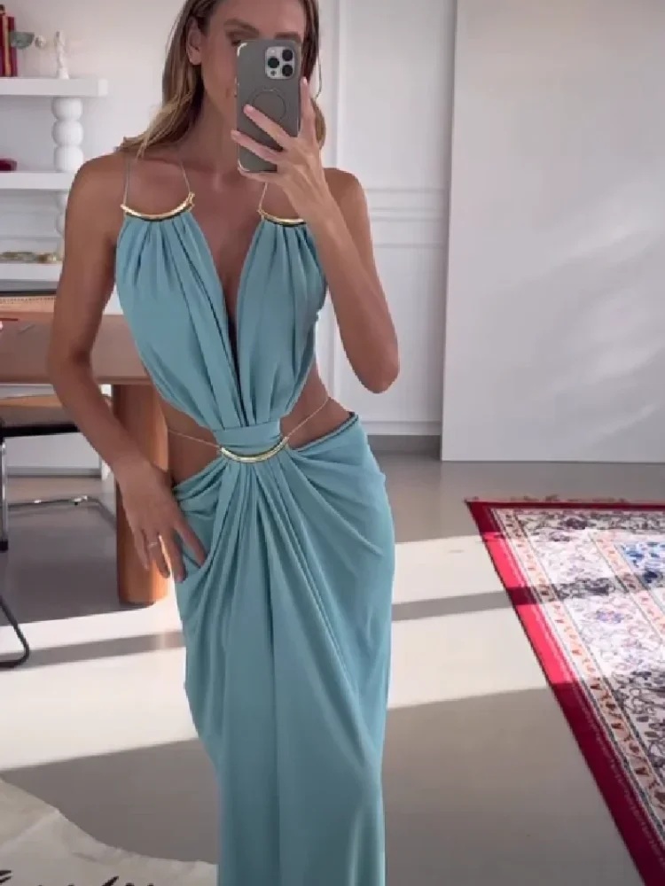 Elegant Deep V Spaghetti Strap Maxi Dress Women Metal Ring Cut Out Waist Ruched Backless Buckle Dinner Gown Party Holiday Outfit