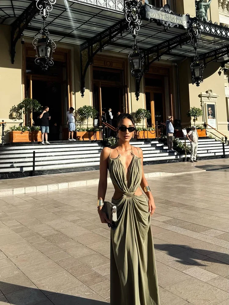 Elegant Deep V Spaghetti Strap Maxi Dress Women Metal Ring Cut Out Waist Ruched Backless Buckle Dinner Gown Party Holiday Outfit