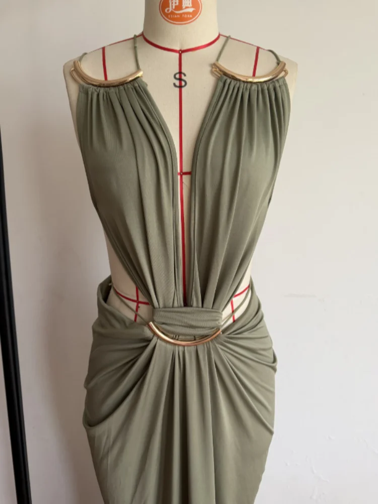 Elegant Deep V Spaghetti Strap Maxi Dress Women Metal Ring Cut Out Waist Ruched Backless Buckle Dinner Gown Party Holiday Outfit