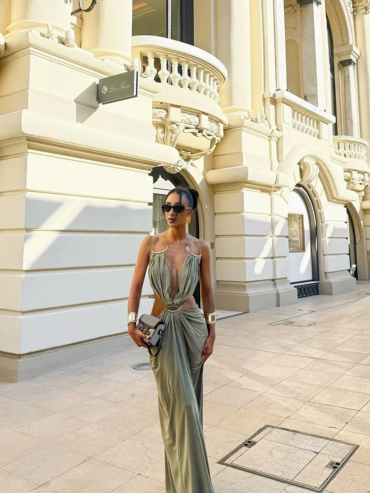 Elegant Deep V Spaghetti Strap Maxi Dress Women Metal Ring Cut Out Waist Ruched Backless Buckle Dinner Gown Party Holiday Outfit