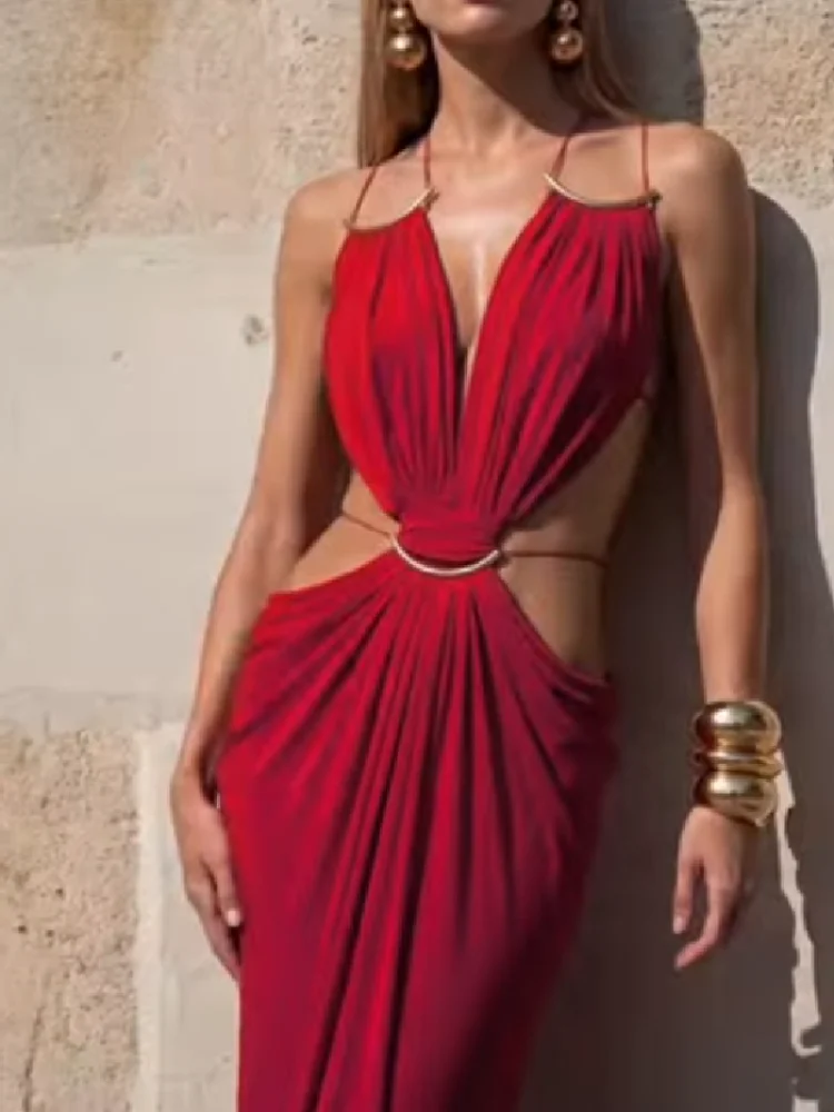 Elegant Deep V Spaghetti Strap Maxi Dress Women Metal Ring Cut Out Waist Ruched Backless Buckle Dinner Gown Party Holiday Outfit