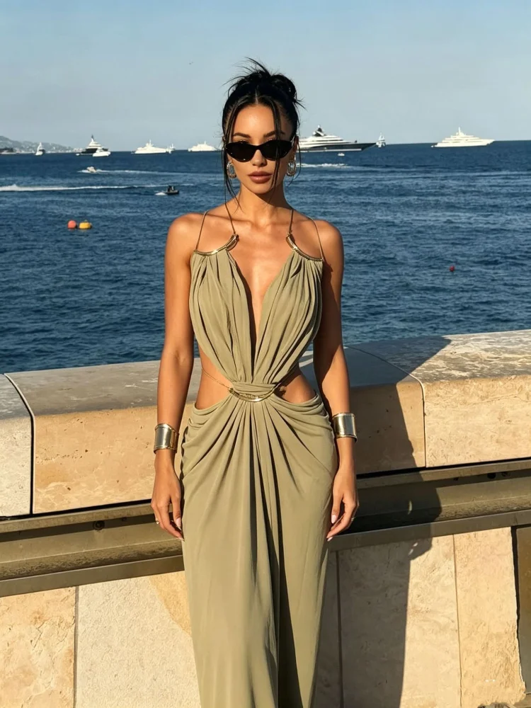 Elegant Deep V Spaghetti Strap Maxi Dress Women Metal Ring Cut Out Waist Ruched Backless Buckle Dinner Gown Party Holiday Outfit