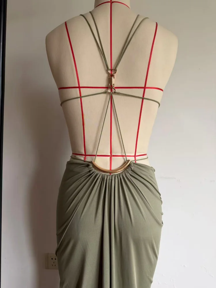 Elegant Deep V Spaghetti Strap Maxi Dress Women Metal Ring Cut Out Waist Ruched Backless Buckle Dinner Gown Party Holiday Outfit