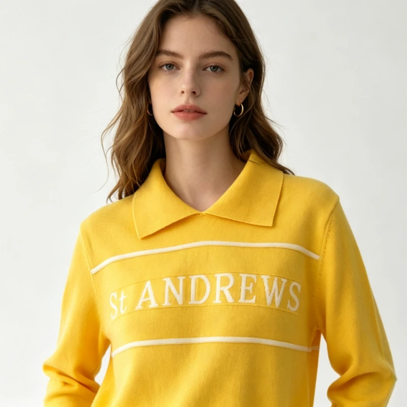 Ladies Polo-neck Knitted Embroidered Sweater Academic Style Casual Pullover Luxury Brand Design Fashionable Golf Knitted Shirt