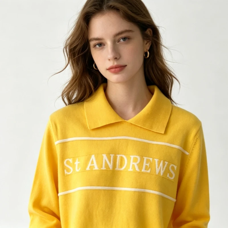 Ladies Polo-neck Knitted Embroidered Sweater Academic Style Casual Pullover Luxury Brand Design Fashionable Golf Knitted Shirt