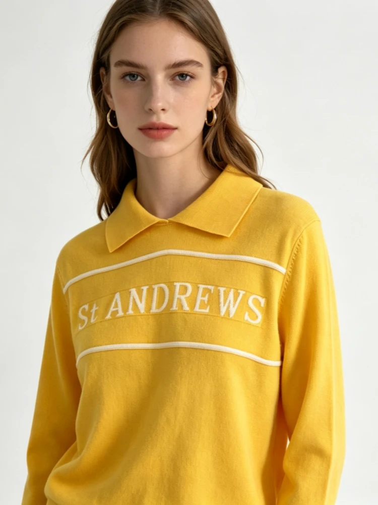 Ladies Polo-neck Knitted Embroidered Sweater Academic Style Casual Pullover Luxury Brand Design Fashionable Golf Knitted Shirt