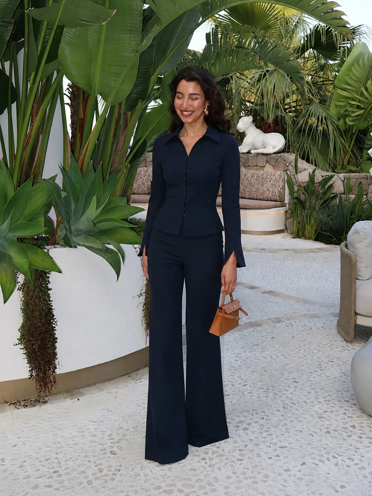 Women Two Piece Suit Set Long Sleeve Fitted Peplum Blazer High Waist Flared Trousers Commuter Business Casual Matching Outfits