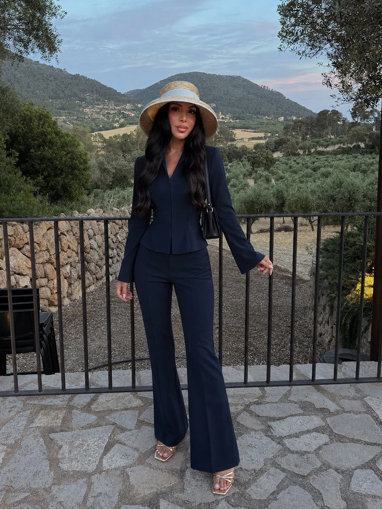 Women Two Piece Suit Set Long Sleeve Fitted Peplum Blazer High Waist Flared Trousers Commuter Business Casual Matching Outfits
