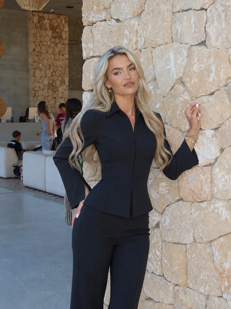 Women Two Piece Suit Set Long Sleeve Fitted Peplum Blazer High Waist Flared Trousers Commuter Business Casual Matching Outfits