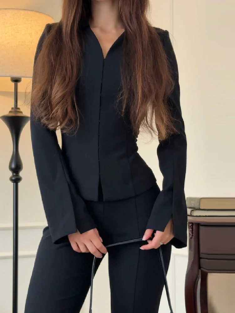 Women Two Piece Suit Set Long Sleeve Fitted Peplum Blazer High Waist Flared Trousers Commuter Business Casual Matching Outfits