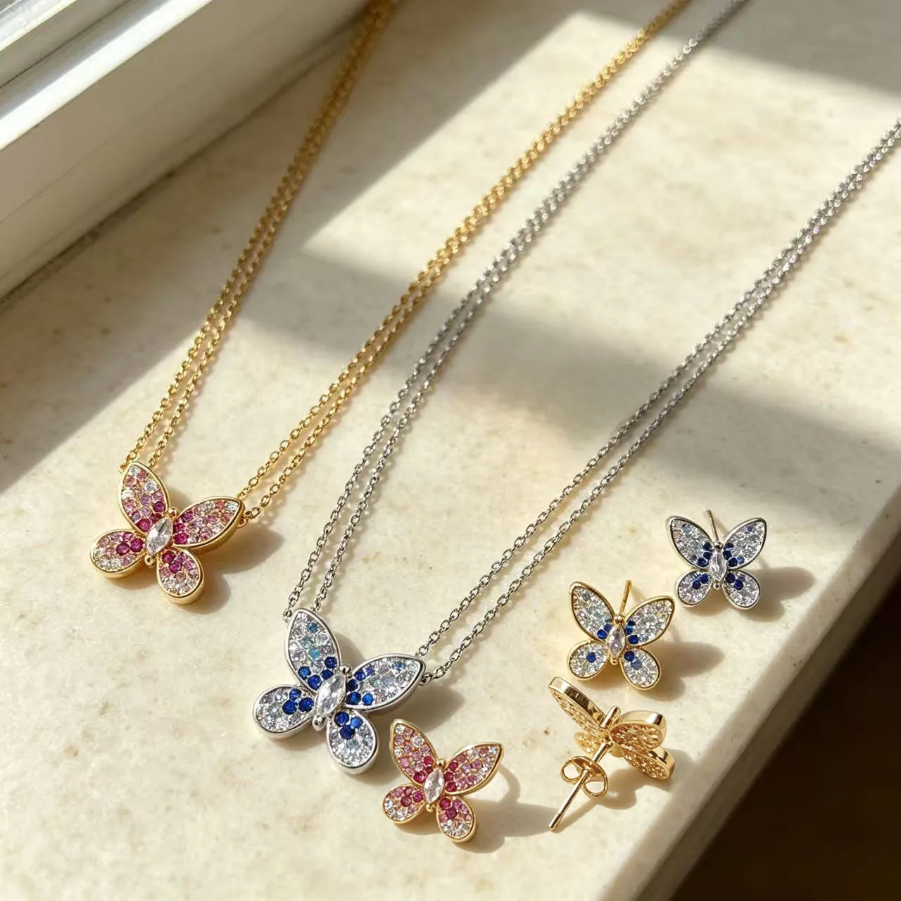 Butterfly Pendant 925 Silver Colorful 5A Zircon Crystal Wing Women's Necklace Double Layer Chain Dainty Valentine's Jewelry Gift