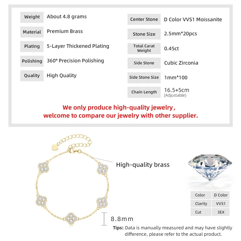 OXTAO Luxury Moissanite Bracelet Silver/Gold Color D VVS1 for Women Four-leaf Flower Clover Bracelet Engagement Wedding Jewelry