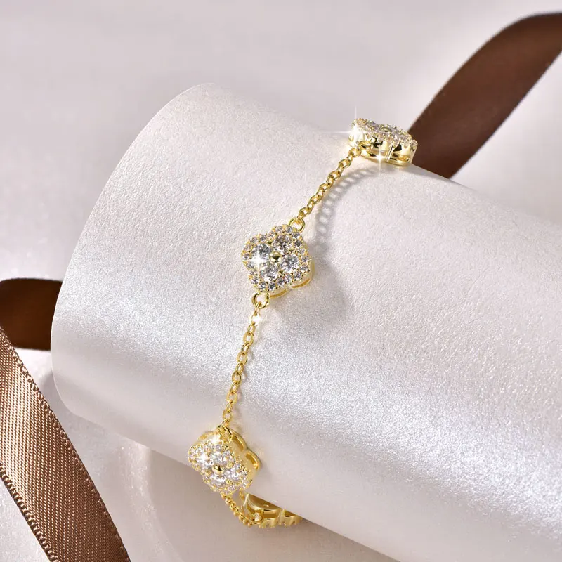 OXTAO Luxury Moissanite Bracelet Silver/Gold Color D VVS1 for Women Four-leaf Flower Clover Bracelet Engagement Wedding Jewelry
