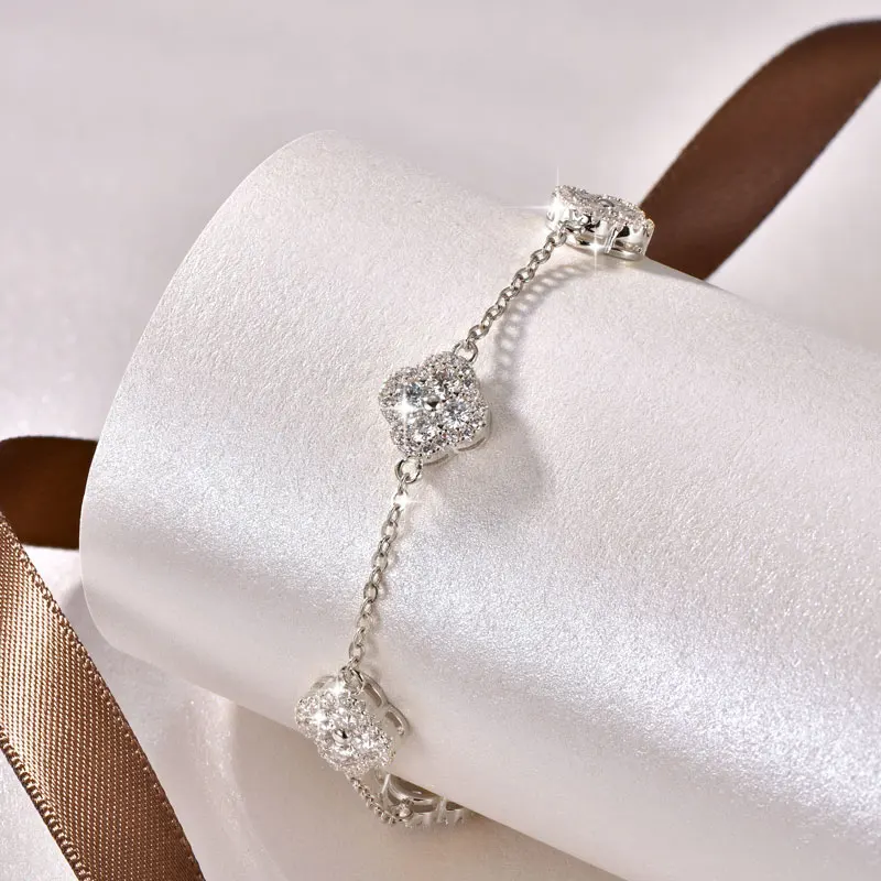 OXTAO Luxury Moissanite Bracelet Silver/Gold Color D VVS1 for Women Four-leaf Flower Clover Bracelet Engagement Wedding Jewelry