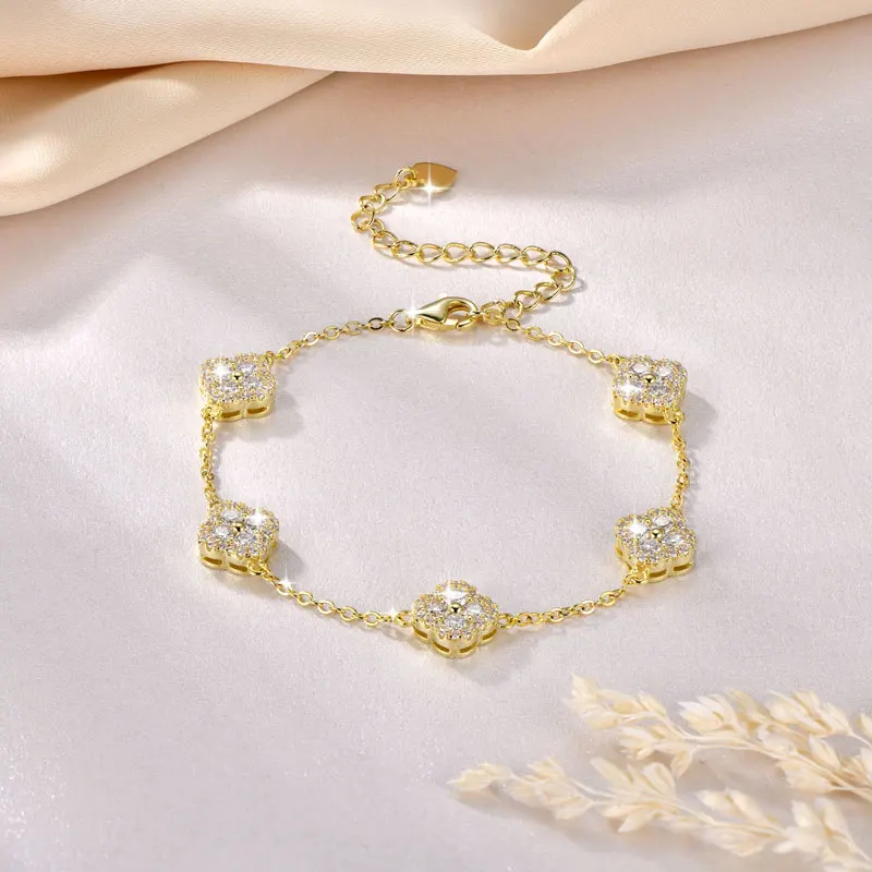 OXTAO Luxury Moissanite Bracelet Silver/Gold Color D VVS1 for Women Four-leaf Flower Clover Bracelet Engagement Wedding Jewelry