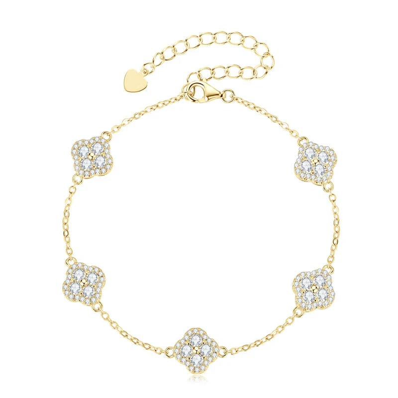 OXTAO Luxury Moissanite Bracelet Silver/Gold Color D VVS1 for Women Four-leaf Flower Clover Bracelet Engagement Wedding Jewelry