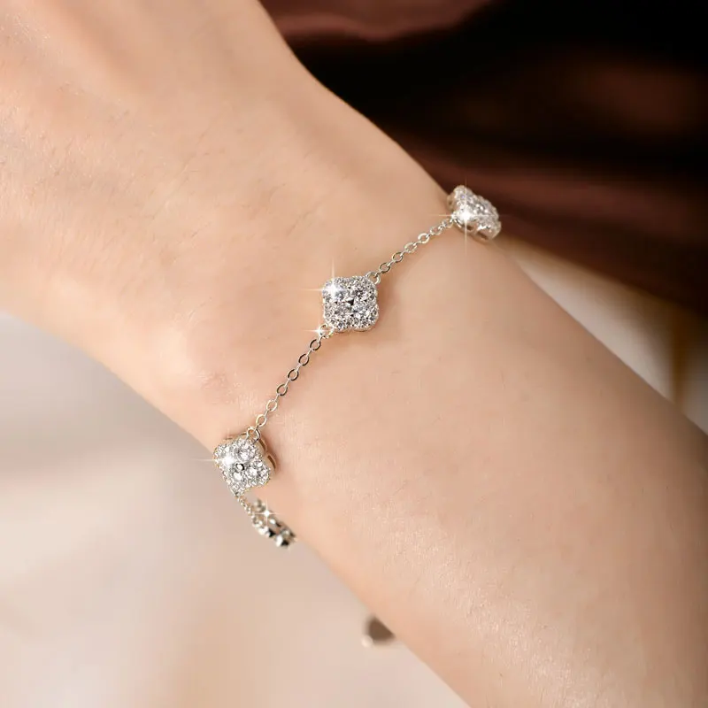 OXTAO Luxury Moissanite Bracelet Silver/Gold Color D VVS1 for Women Four-leaf Flower Clover Bracelet Engagement Wedding Jewelry