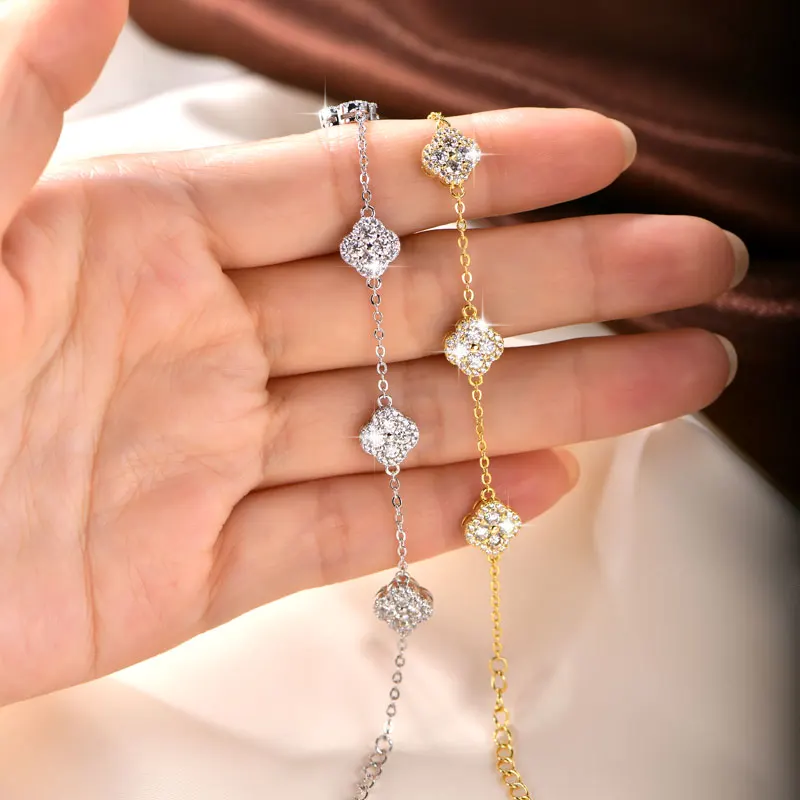 OXTAO Luxury Moissanite Bracelet Silver/Gold Color D VVS1 for Women Four-leaf Flower Clover Bracelet Engagement Wedding Jewelry