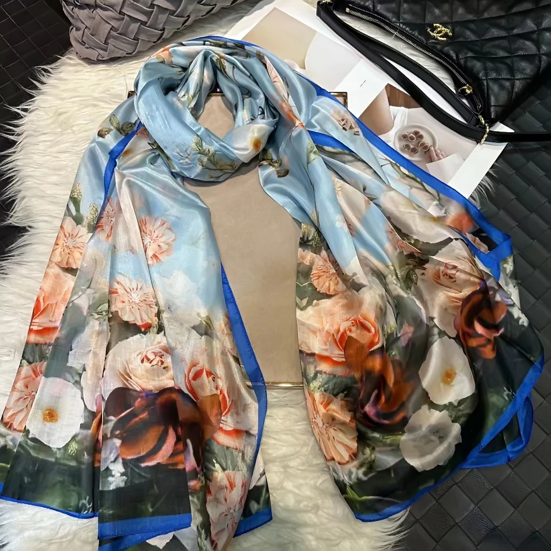 2016 Winter Fashion Women's Scarf Hot Sale Mulberry Silk Scarves Shawl Female Long Silk Scarf Blue and Coffee 180*110cm