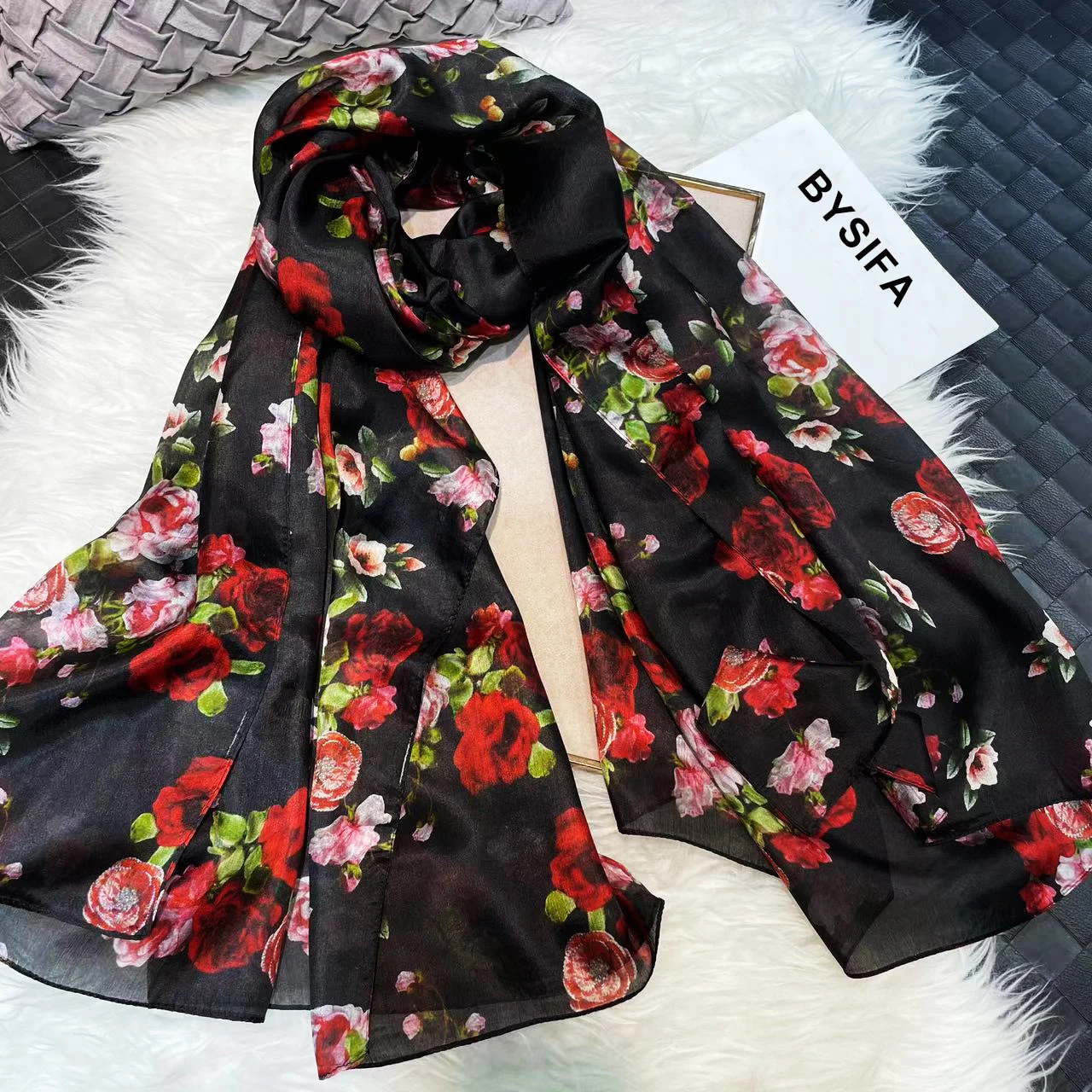 2016 Winter Fashion Women's Scarf Hot Sale Mulberry Silk Scarves Shawl Female Long Silk Scarf Blue and Coffee 180*110cm