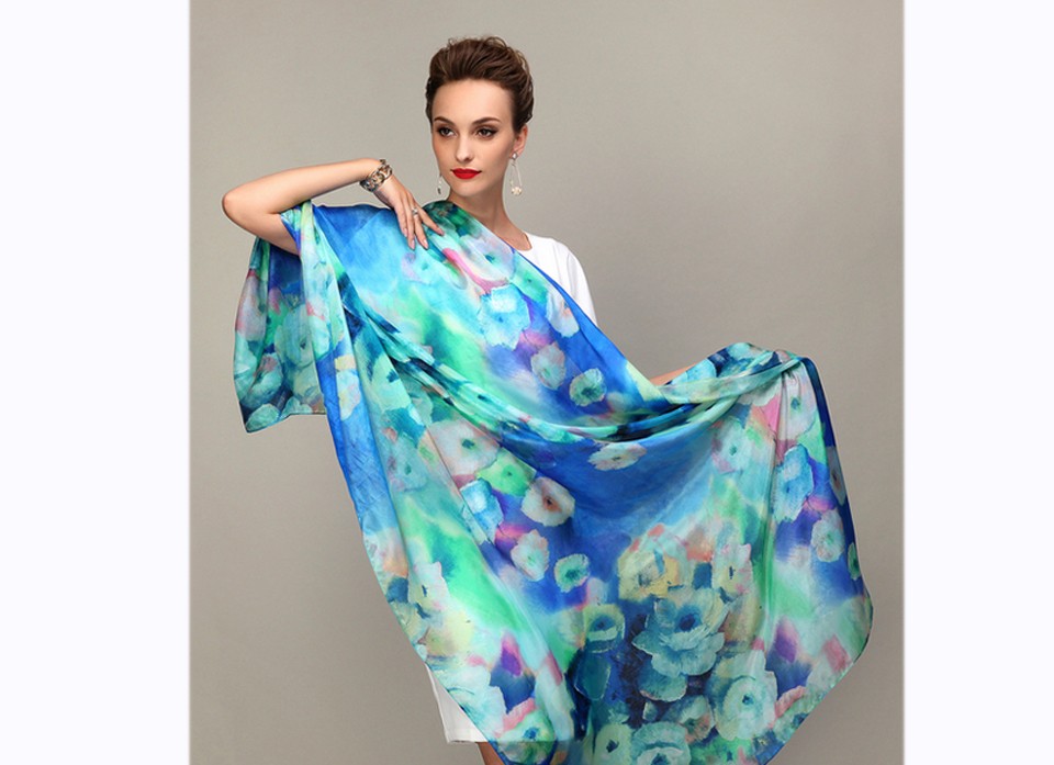 2016 Winter Fashion Women's Scarf Hot Sale Mulberry Silk Scarves Shawl Female Long Silk Scarf Blue and Coffee 180*110cm