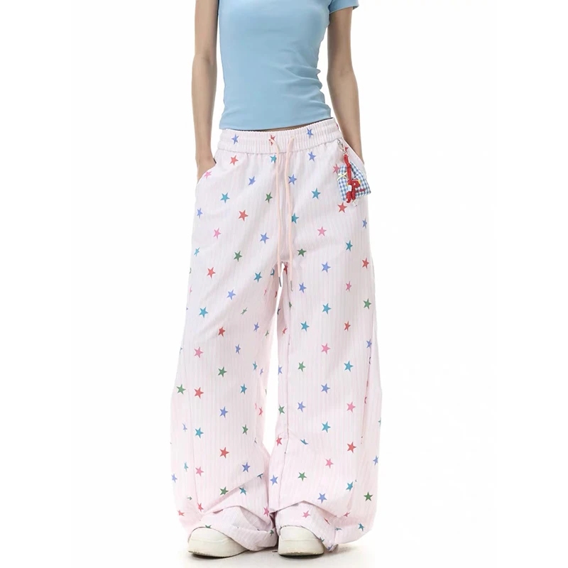ZHIZOU Women Yellow Baggy Wide Leg Sweatpants American Star Print Pants Harajuku Japanese 2000s Style Vintage Y2k Dance Trouse