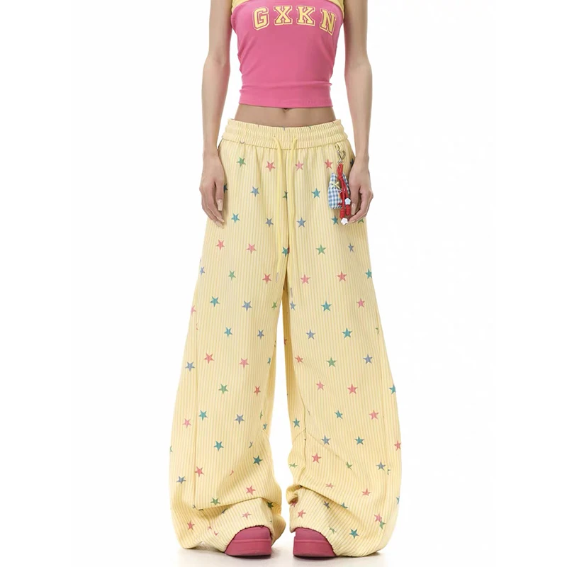 ZHIZOU Women Yellow Baggy Wide Leg Sweatpants American Star Print Pants Harajuku Japanese 2000s Style Vintage Y2k Dance Trouse
