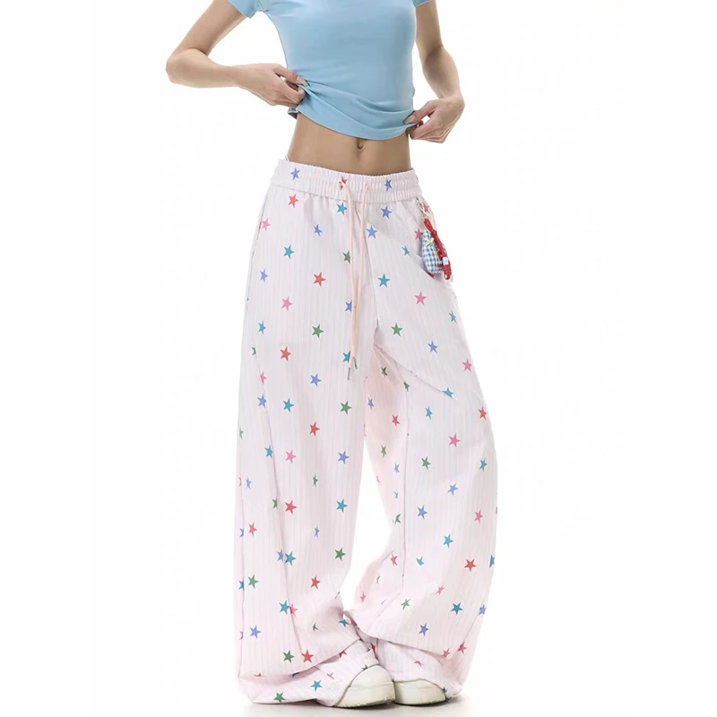 ZHIZOU Women Yellow Baggy Wide Leg Sweatpants American Star Print Pants Harajuku Japanese 2000s Style Vintage Y2k Dance Trouse