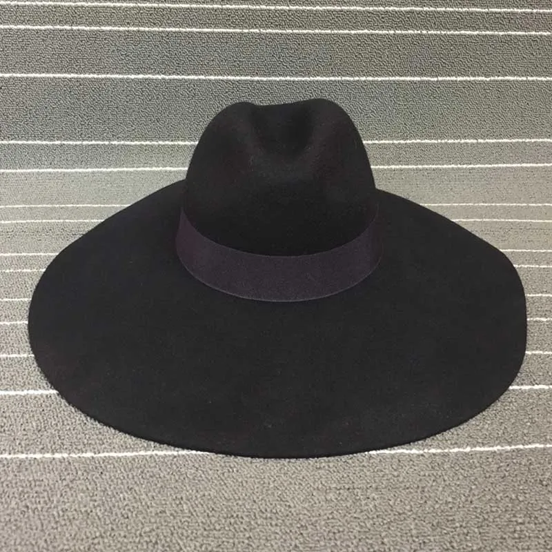 Women 16cm Large Wide Brim Wool Felt Hat Chic Floppy Warm Winter Trilby Hat Ribbon Bowknot Church Dress Wedding Fedora Jazz Hat
