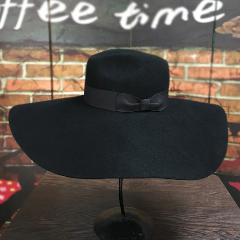 Women 16cm Large Wide Brim Wool Felt Hat Chic Floppy Warm Winter Trilby Hat Ribbon Bowknot Church Dress Wedding Fedora Jazz Hat
