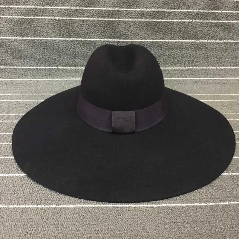 Women 16cm Large Wide Brim Wool Felt Hat Chic Floppy Warm Winter Trilby Hat Ribbon Bowknot Church Dress Wedding Fedora Jazz Hat