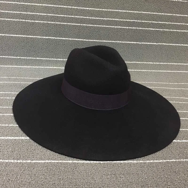 Women 16cm Large Wide Brim Wool Felt Hat Chic Floppy Warm Winter Trilby Hat Ribbon Bowknot Church Dress Wedding Fedora Jazz Hat