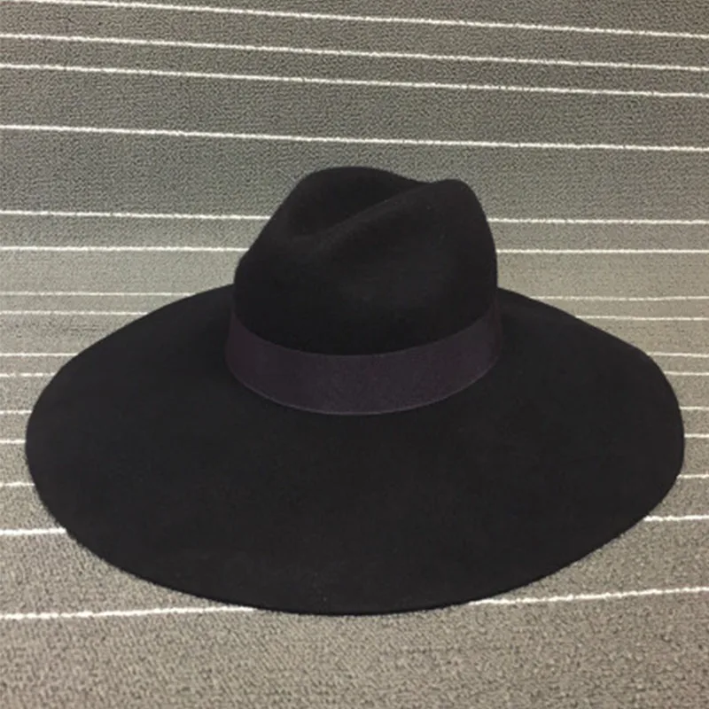 Women 16cm Large Wide Brim Wool Felt Hat Chic Floppy Warm Winter Trilby Hat Ribbon Bowknot Church Dress Wedding Fedora Jazz Hat