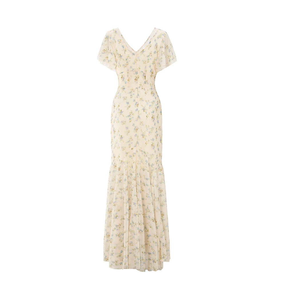 Suninbox Summer Elegant Floral Lace V-Neck Dress Ruffle Sleeve Tie Front Long Dress Garden Party Wedding Guest women