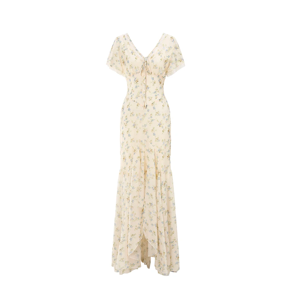 Suninbox Summer Elegant Floral Lace V-Neck Dress Ruffle Sleeve Tie Front Long Dress Garden Party Wedding Guest women